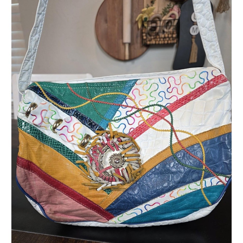 Vintage Samir Leather Shoulder Bag Colorful‎ Patchwork Fringe USA 80s Art Retro